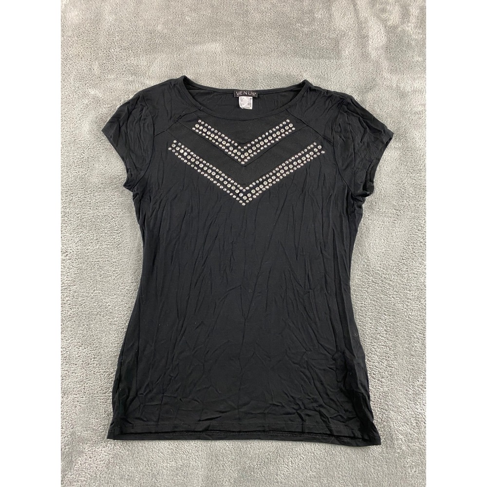 Venus Womens Black Rhinestone Mesh Chevron Short Sleeve‎ Top Size M Scoop Neck
